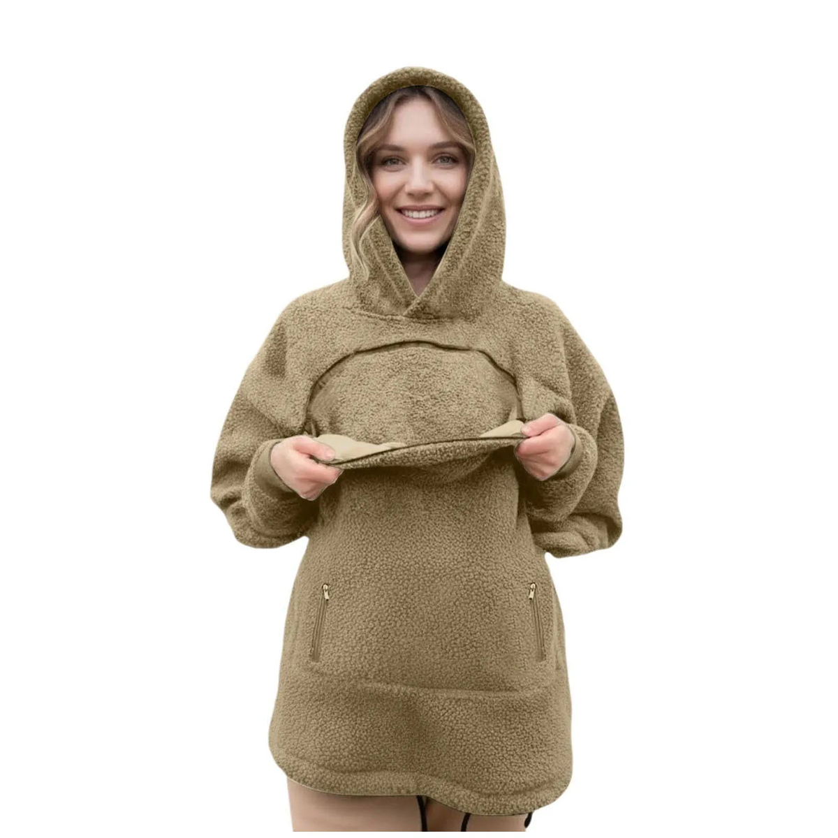 Oversized Fleece Hoodie with Front Pet Pouch for Cats and Small Dogs