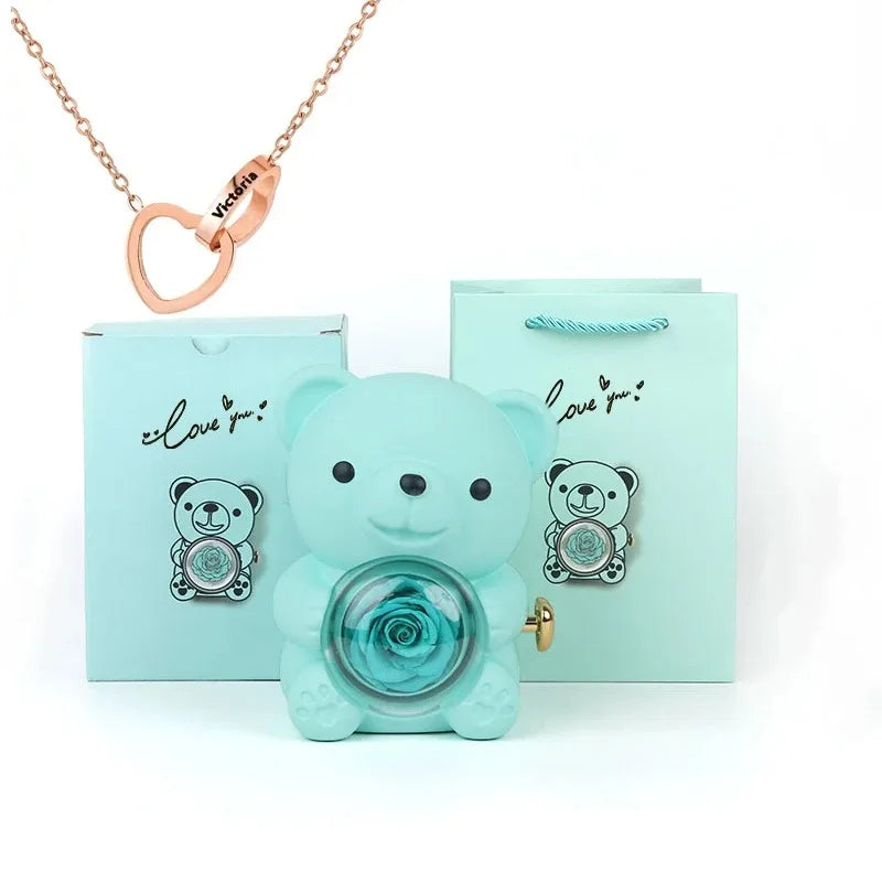 Eternal Rose Teddy Bear Gift with Necklace – Romantic Valentine’s Day Anniversary Gift for Her