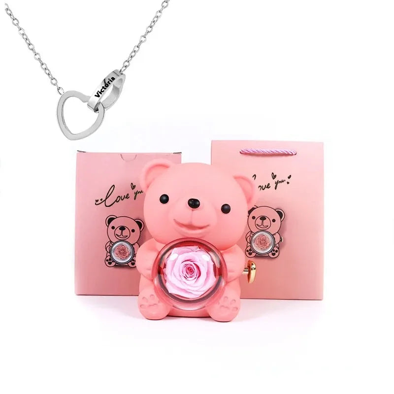 Eternal Rose Teddy Bear Gift with Necklace – Romantic Valentine’s Day Anniversary Gift for Her