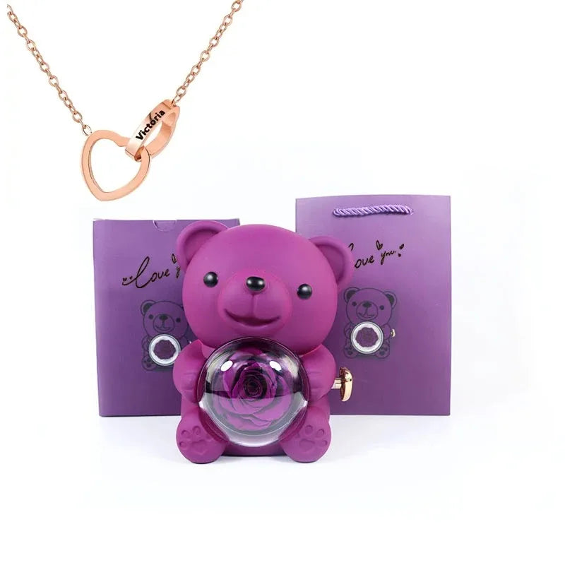Eternal Rose Teddy Bear Gift with Necklace – Romantic Valentine’s Day Anniversary Gift for Her