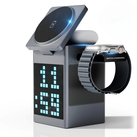 6 in 1 Magnetic Wireless Charger with Bluetooth Speaker, Alarm Clock, Night Light & Phone Stand