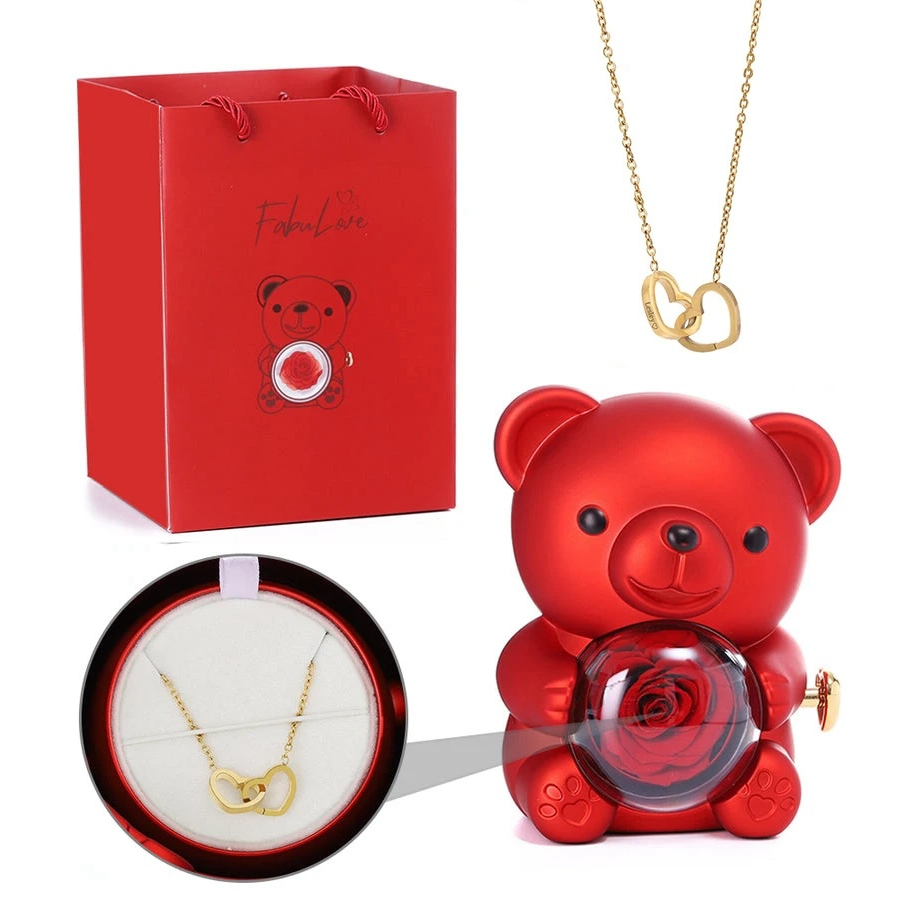 Eternal Rose Teddy Bear Gift with Necklace – Romantic Valentine’s Day Anniversary Gift for Her