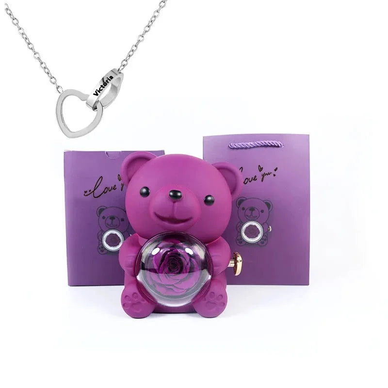 Eternal Rose Teddy Bear Gift with Necklace – Romantic Valentine’s Day Anniversary Gift for Her