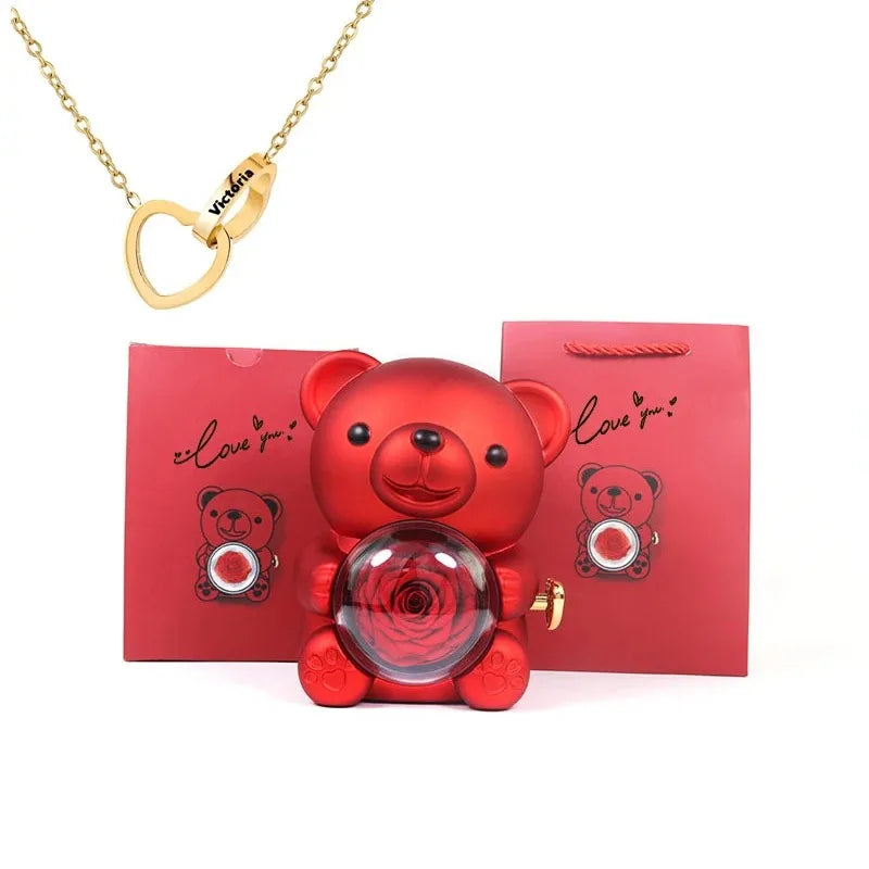 Eternal Rose Teddy Bear Gift with Necklace – Romantic Valentine’s Day Anniversary Gift for Her