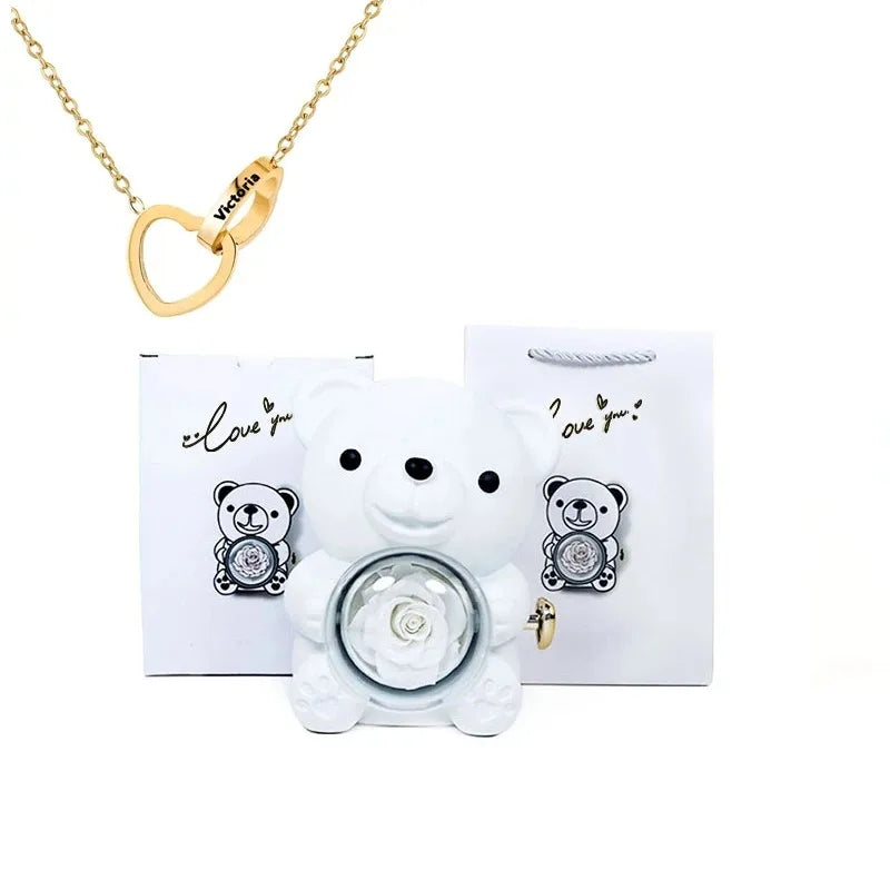 Eternal Rose Teddy Bear Gift with Necklace – Romantic Valentine’s Day Anniversary Gift for Her