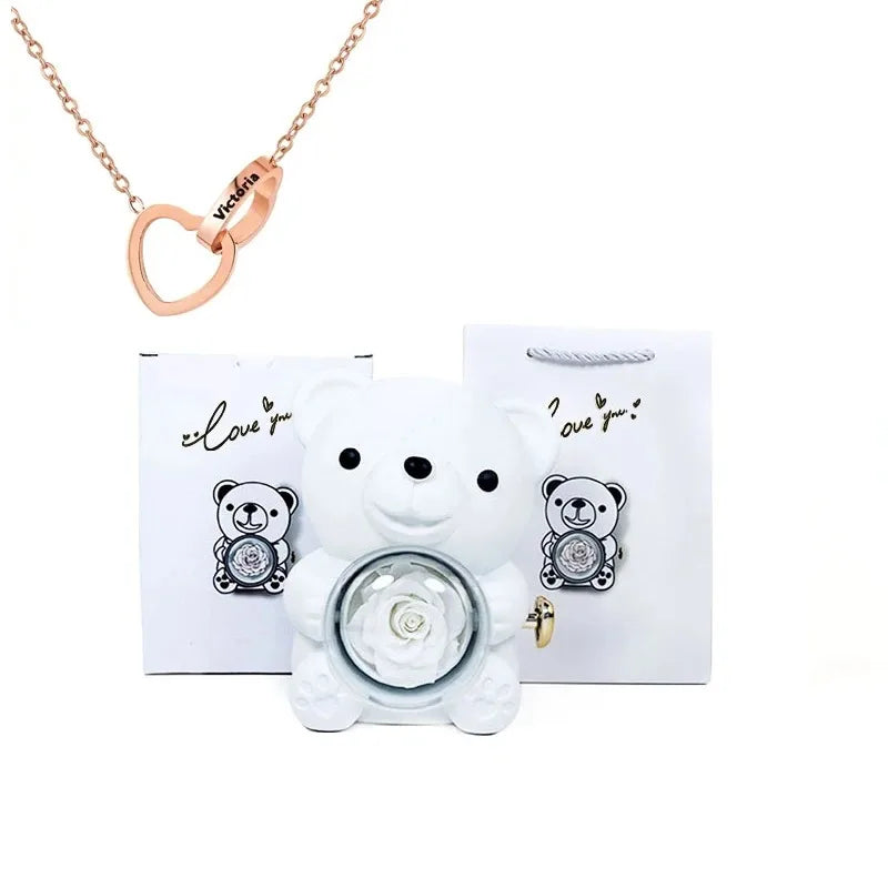 Eternal Rose Teddy Bear Gift with Necklace – Romantic Valentine’s Day Anniversary Gift for Her