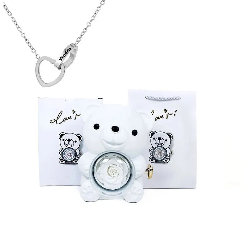 Eternal Rose Teddy Bear Gift with Necklace – Romantic Valentine’s Day Anniversary Gift for Her