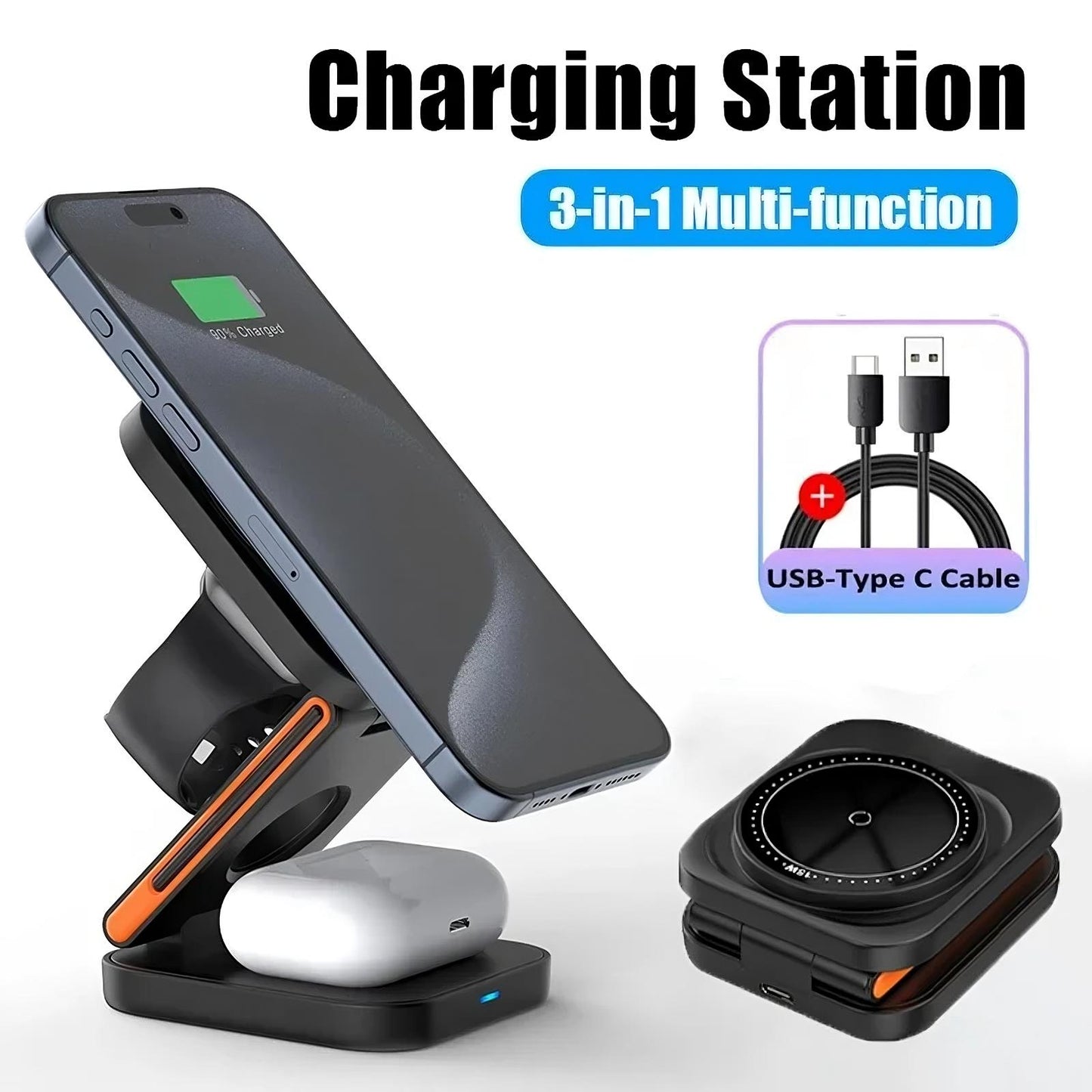 3 in 1 Foldable Charging Station for iPhone, Apple Watch & AirPods – Wireless Fast Charger Dock