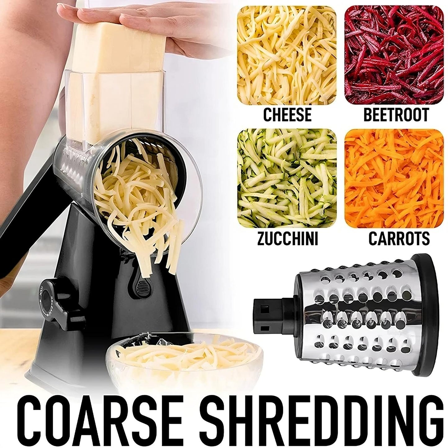 3-in-1 Rotary Cheese Grater & Vegetable Slicer - Manual Drum Grater for Cheese, Vegetables, Nuts & Fruits