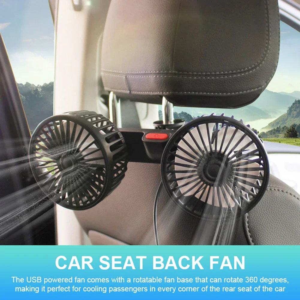 Dual-Head Car Seat Fan – 360° Adjustable Cooling Fan for Rear & Front Seats | USB Powered, Quiet & Strong Airflow