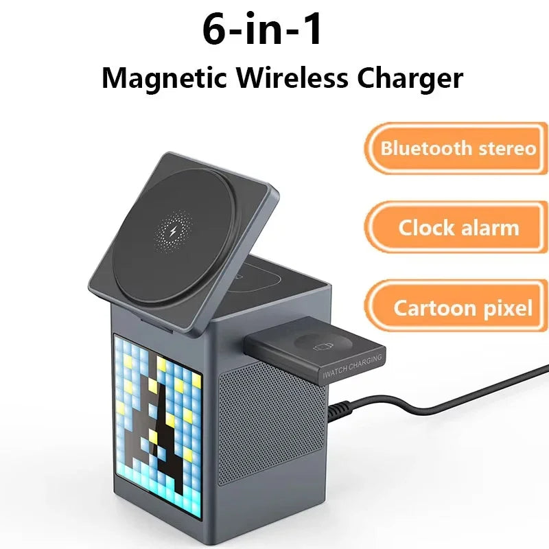 6 in 1 Magnetic Wireless Charger with Bluetooth Speaker, Alarm Clock, Night Light & Phone Stand