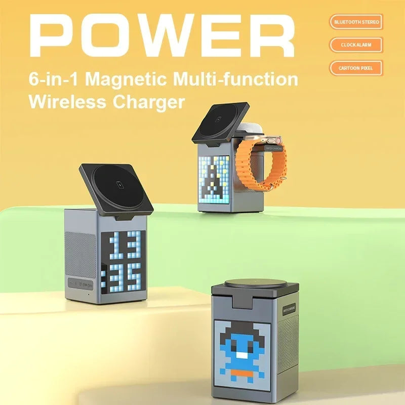 6 in 1 Magnetic Wireless Charger with Bluetooth Speaker, Alarm Clock, Night Light & Phone Stand