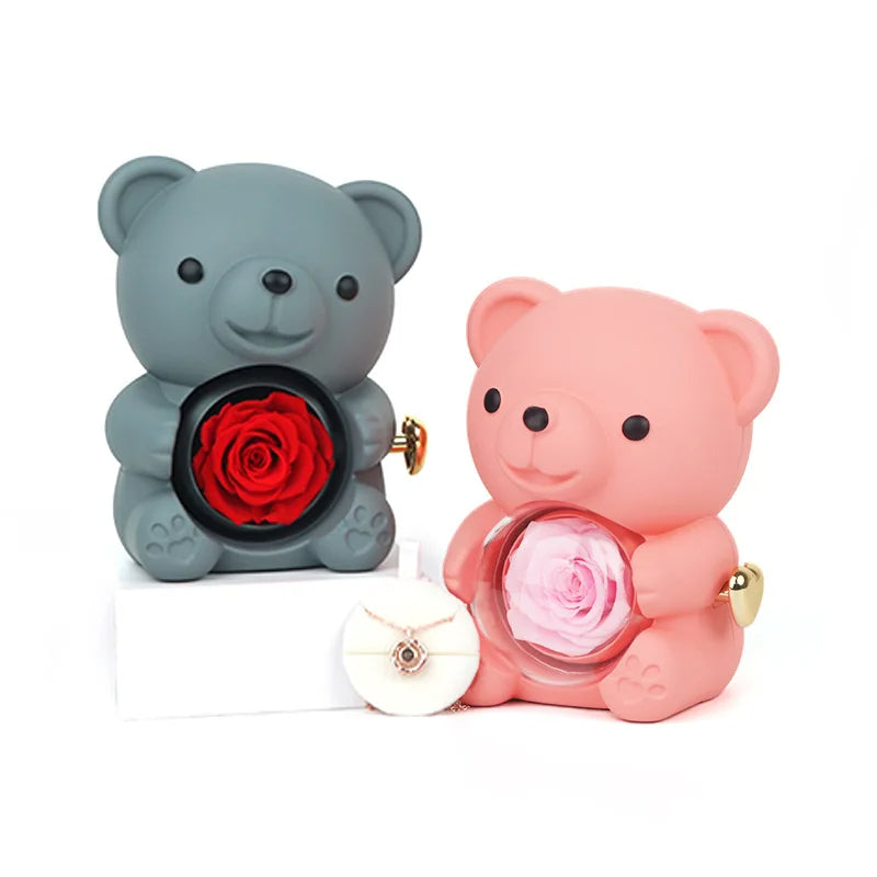 Eternal Rose Teddy Bear Gift with Necklace – Romantic Valentine’s Day Anniversary Gift for Her