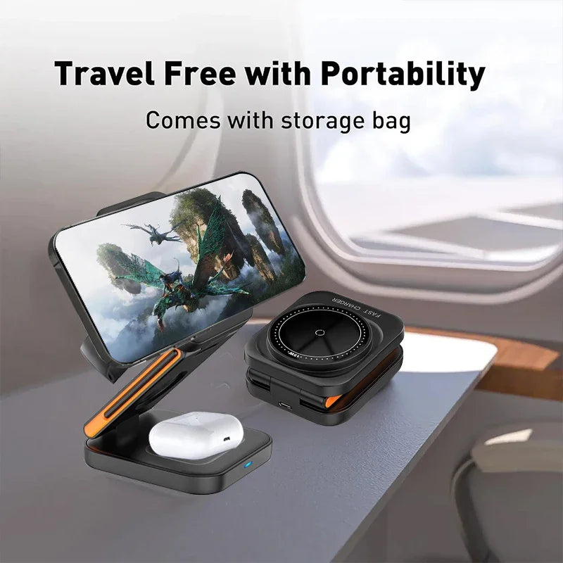 3 in 1 Foldable Charging Station for iPhone, Apple Watch & AirPods – Wireless Fast Charger Dock