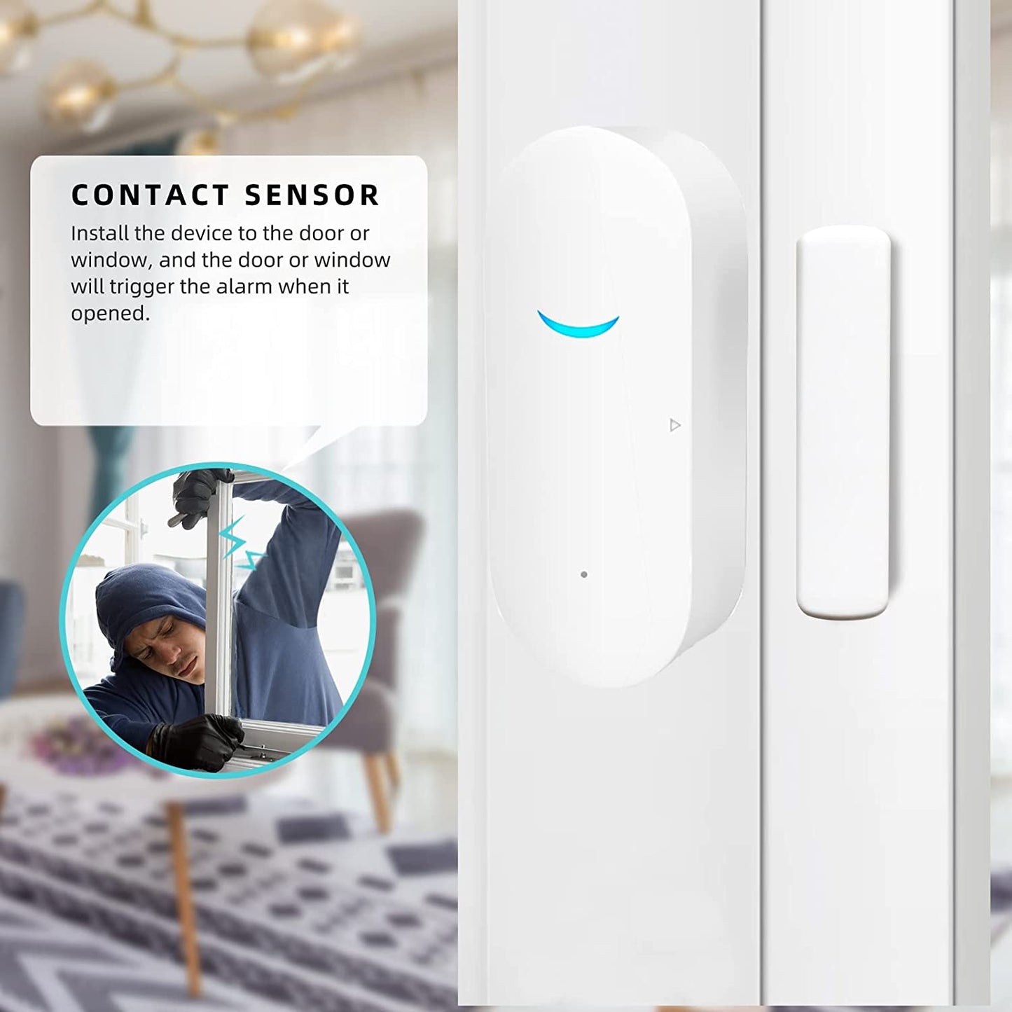 Window WiFi Sensor for Home Security, Smart Sensor Device, Remote Monitoring, Easy Installation