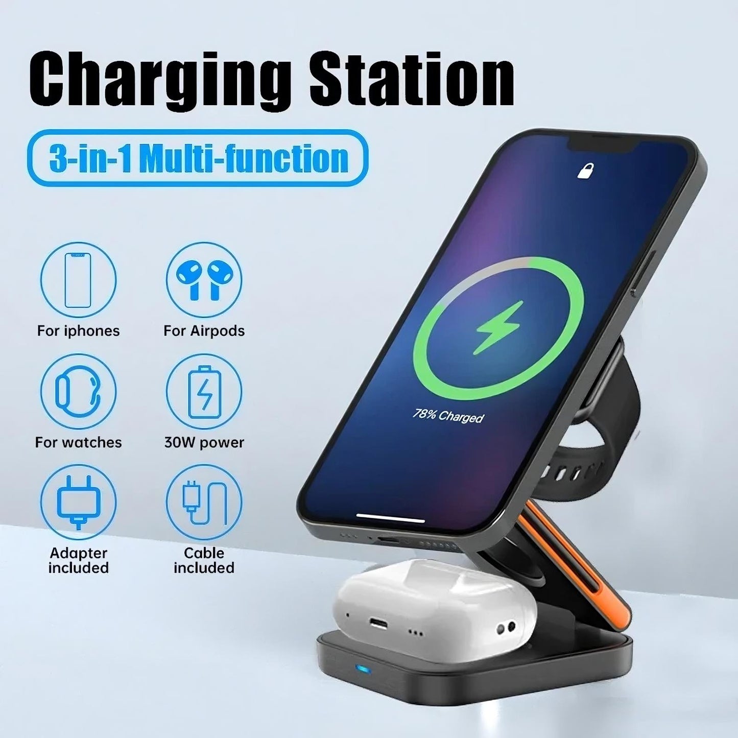 3 in 1 Foldable Charging Station for iPhone, Apple Watch & AirPods – Wireless Fast Charger Dock