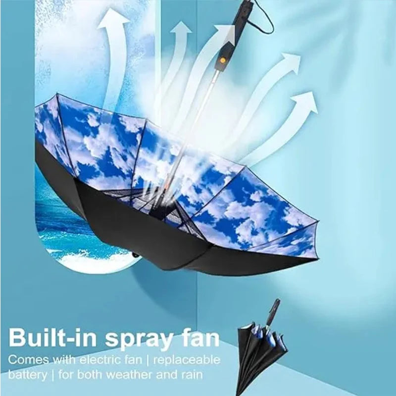 Portable Umbrella with Fan & Misting – Cooling Sun Shade for Outdoor Travel & Summer Heat