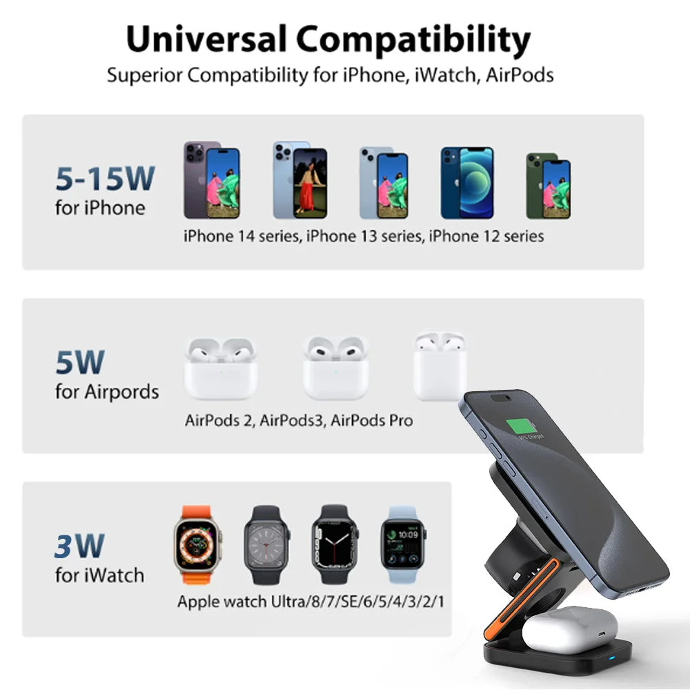 3 in 1 Foldable Charging Station for iPhone, Apple Watch & AirPods – Wireless Fast Charger Dock