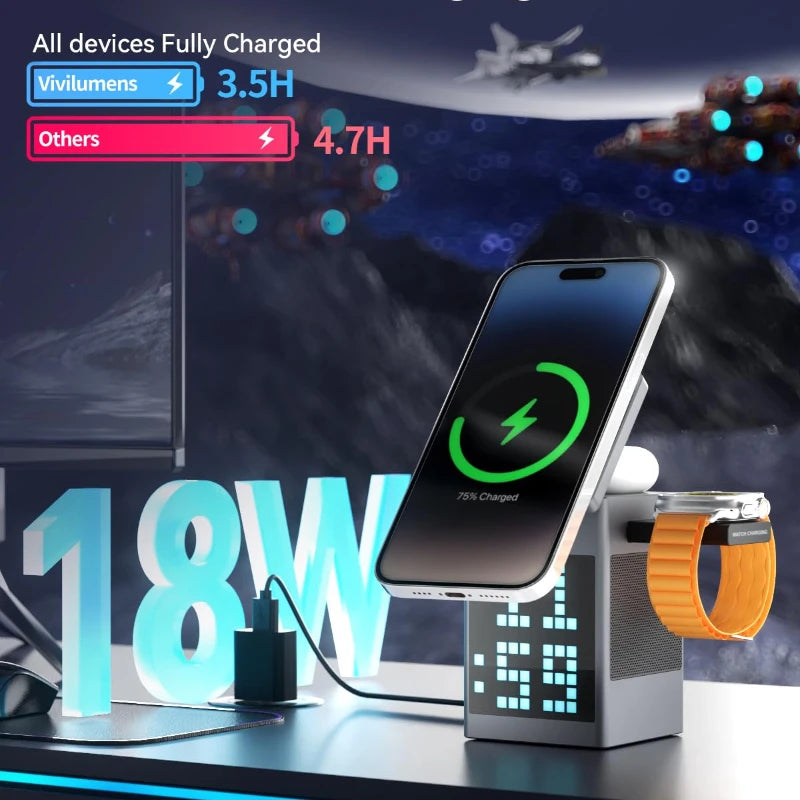 6 in 1 Magnetic Wireless Charger with Bluetooth Speaker, Alarm Clock, Night Light & Phone Stand