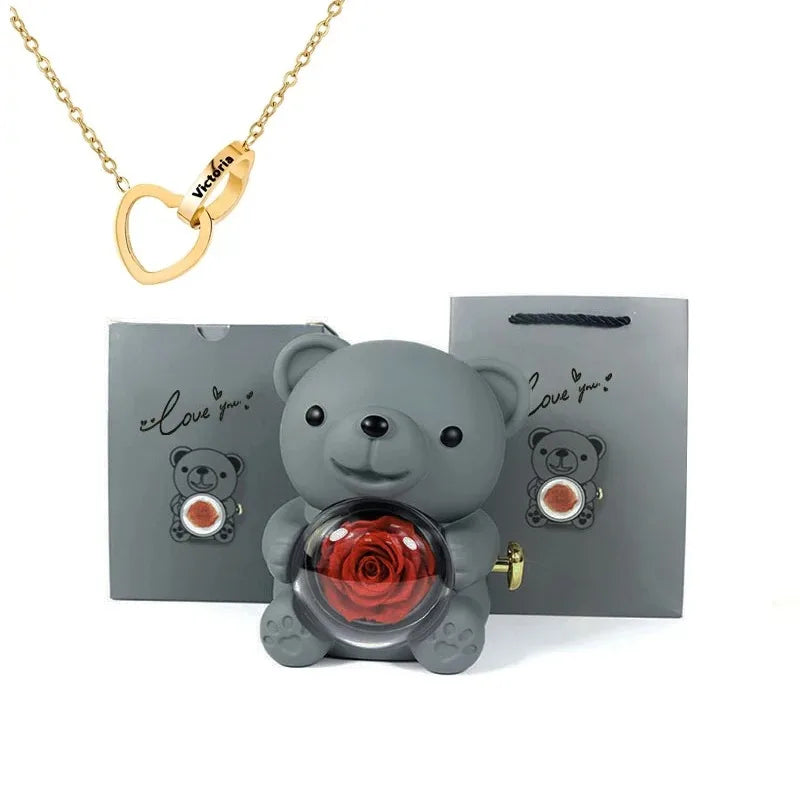 Eternal Rose Teddy Bear Gift with Necklace – Romantic Valentine’s Day Anniversary Gift for Her