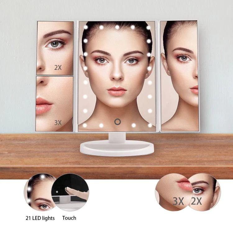 Triple Panel 1X/2X/3X LED Makeup Counter Mirror, Trifold Lighted Vanity Mirror with 36 LED Light Strips, Touch Sensor Dimmer Switch