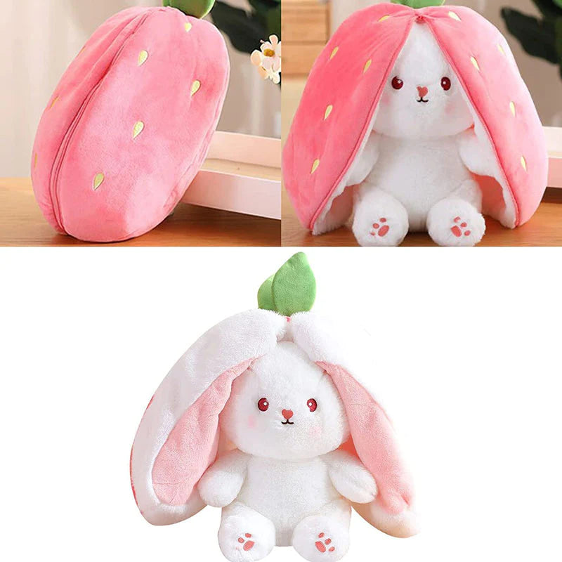 Bunny Stuffed Animal Reversible Cuddle Bunny Stuffed,Strawberry Bunny Transformed Rabbit Plush Zipper,Carrot That Turns Into Ears Bunnies Plushies Toy Cute Stuffy Doll Easter Girlfriend Gift