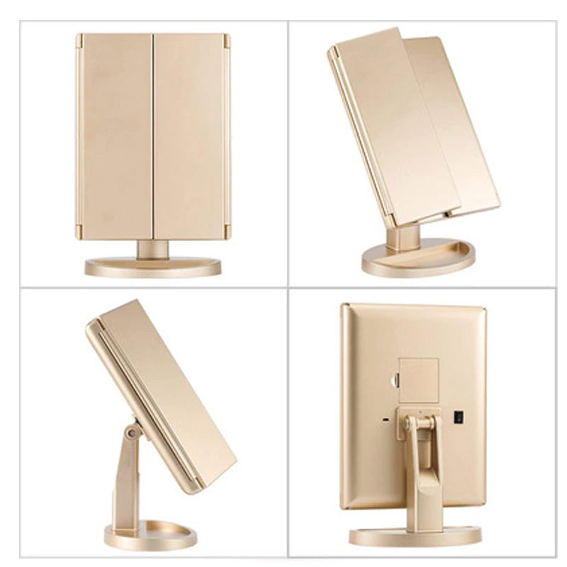 Triple Panel 1X/2X/3X LED Makeup Counter Mirror, Trifold Lighted Vanity Mirror with 36 LED Light Strips, Touch Sensor Dimmer Switch