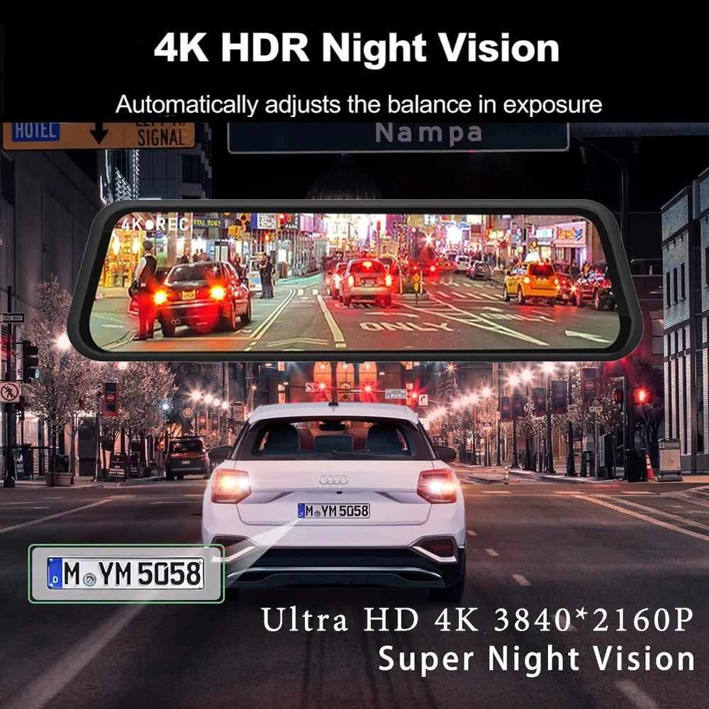 Advanced Mirror Dash Cam is an innovative automotive accessory featuring a 12-inch 4K front camera