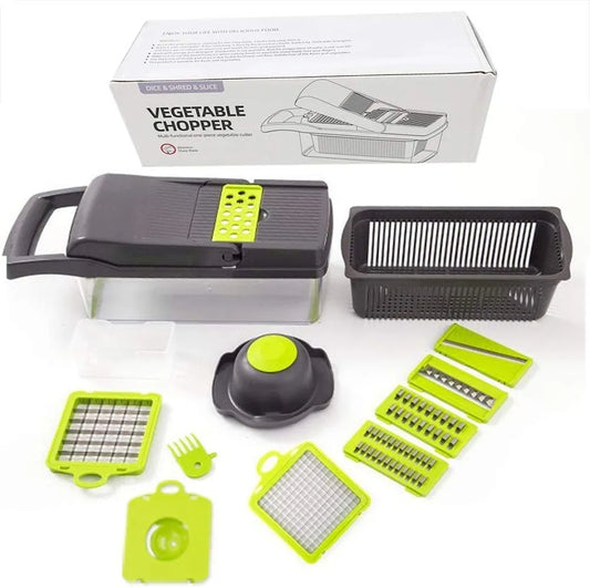 12 in 1 Vegetable Dicer, Slicer, Cutter, Salad Shooter, Julienne Peeler, Kitchen Chopper and Grater- Includes Filter Basket, Container and Hand Guard
