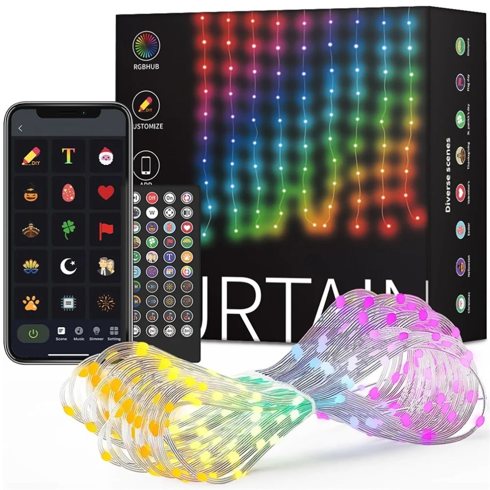 Twinkly Curtain – App-Controlled LED Christmas Lights with 210 RGB+W (16 Million Colors + Warm White) LEDs.