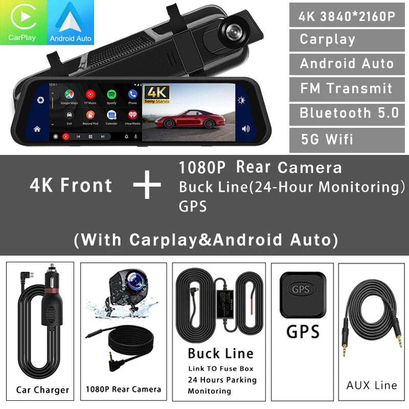 Advanced Mirror Dash Cam is an innovative automotive accessory featuring a 12-inch 4K front camera