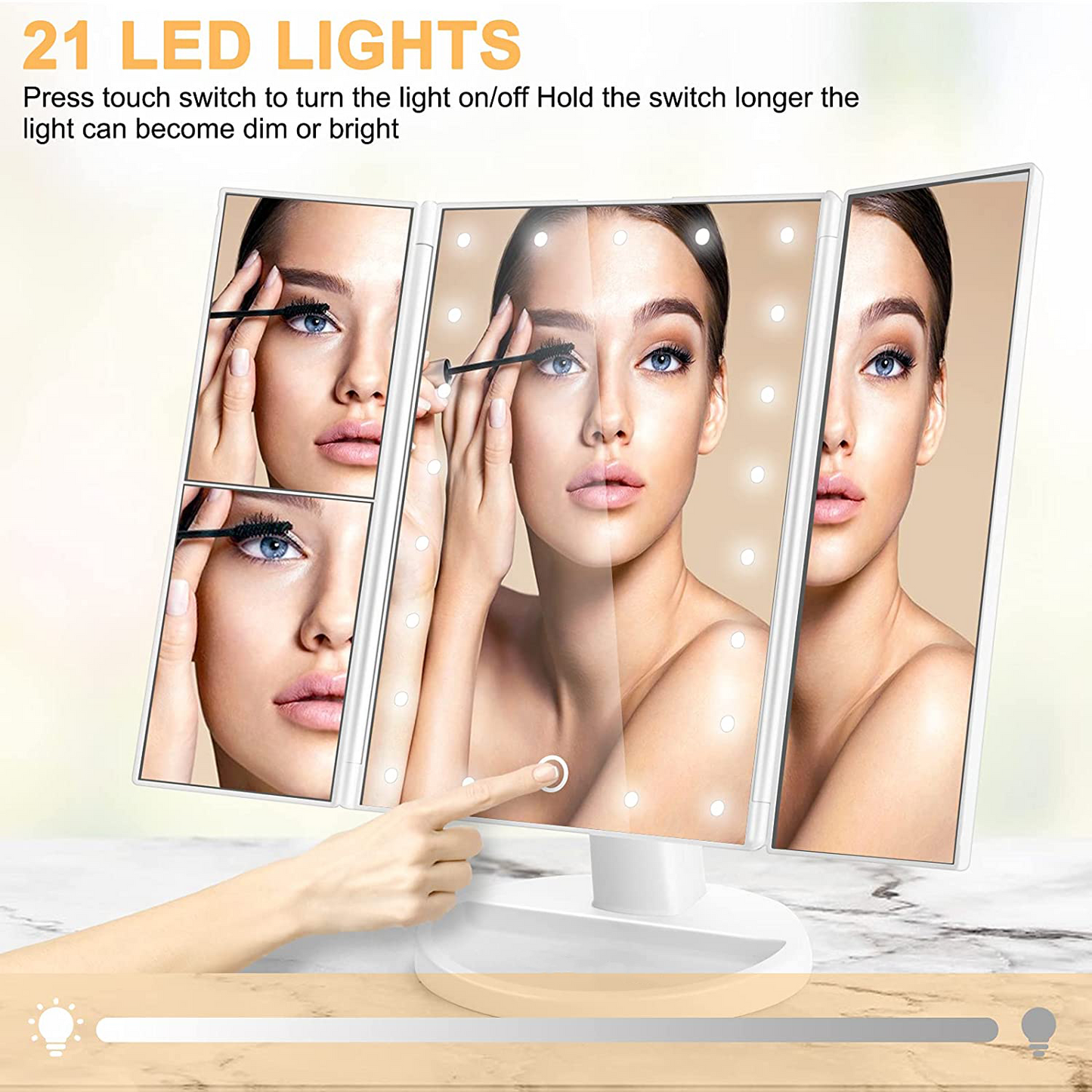 Triple Panel 1X/2X/3X LED Makeup Counter Mirror, Trifold Lighted Vanity Mirror with 36 LED Light Strips, Touch Sensor Dimmer Switch