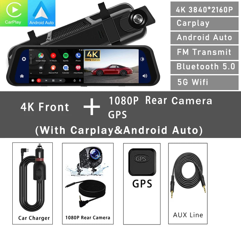 Advanced Mirror Dash Cam is an innovative automotive accessory featuring a 12-inch 4K front camera