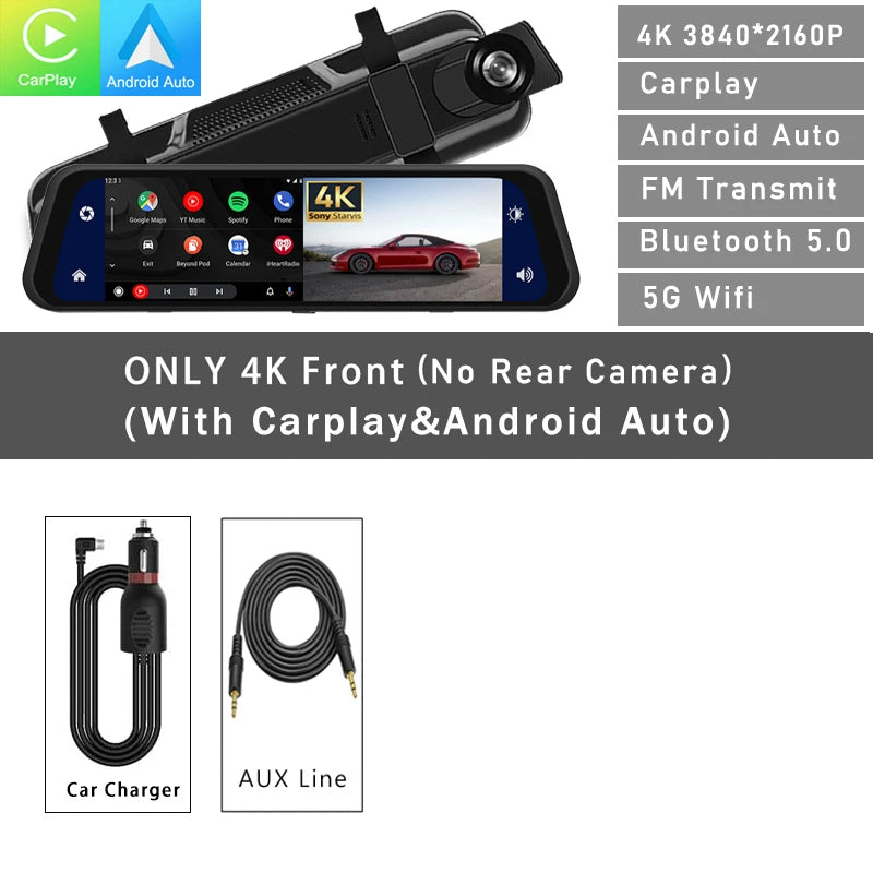 Advanced Mirror Dash Cam is an innovative automotive accessory featuring a 12-inch 4K front camera
