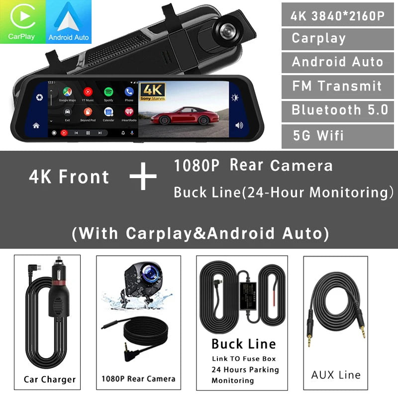 Advanced Mirror Dash Cam is an innovative automotive accessory featuring a 12-inch 4K front camera