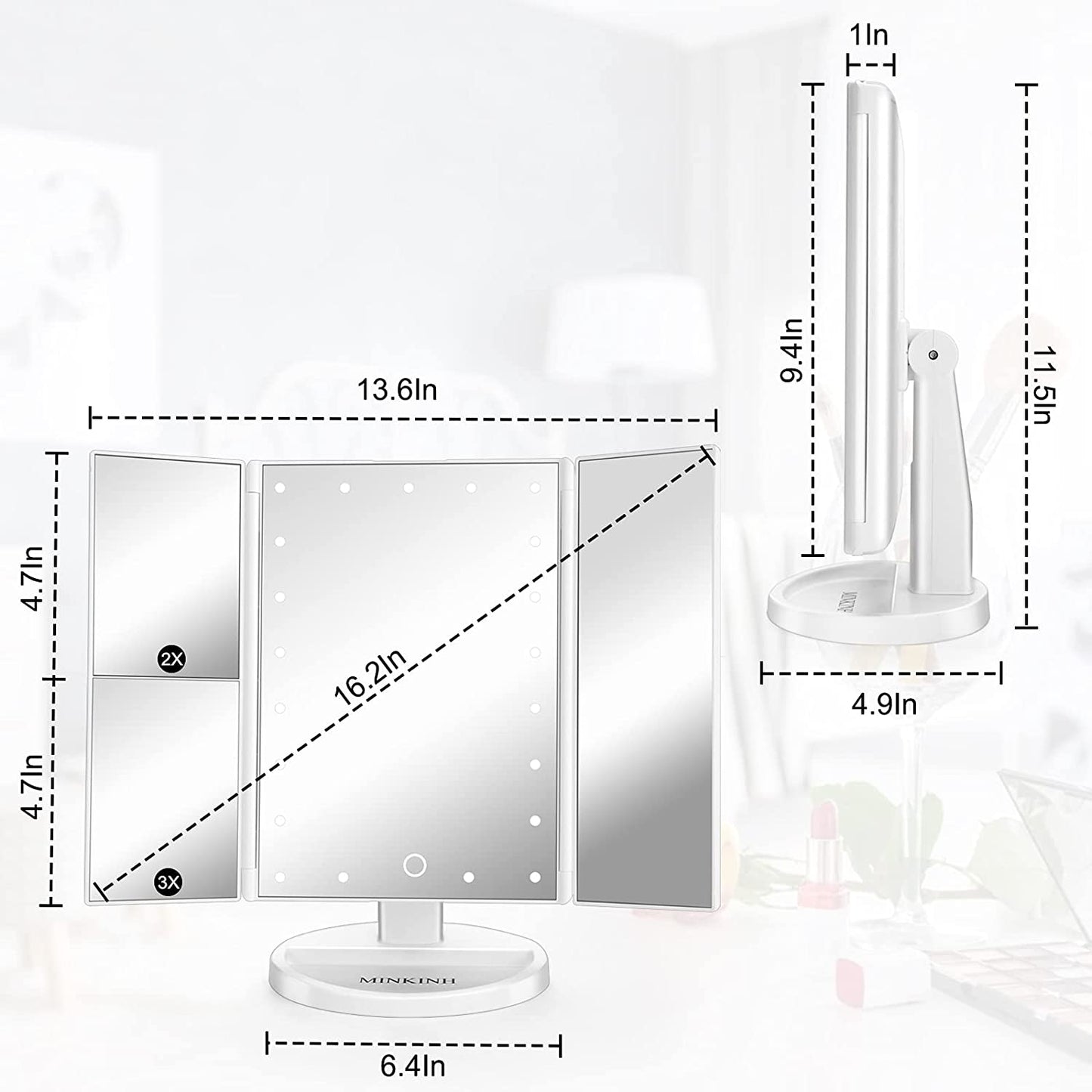 Triple Panel 1X/2X/3X LED Makeup Counter Mirror, Trifold Lighted Vanity Mirror with 36 LED Light Strips, Touch Sensor Dimmer Switch