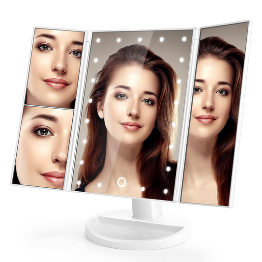 Triple Panel 1X/2X/3X LED Makeup Counter Mirror, Trifold Lighted Vanity Mirror with 36 LED Light Strips, Touch Sensor Dimmer Switch