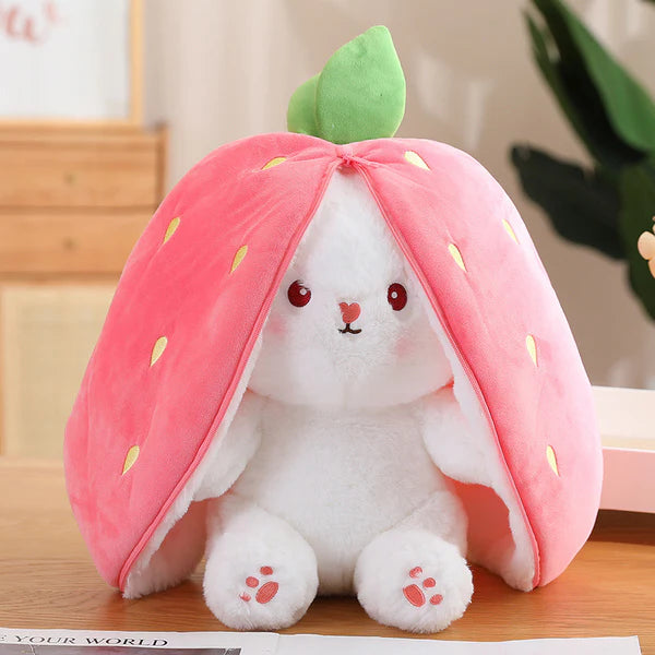 Bunny Stuffed Animal Reversible Cuddle Bunny Stuffed,Strawberry Bunny Transformed Rabbit Plush Zipper,Carrot That Turns Into Ears Bunnies Plushies Toy Cute Stuffy Doll Easter Girlfriend Gift