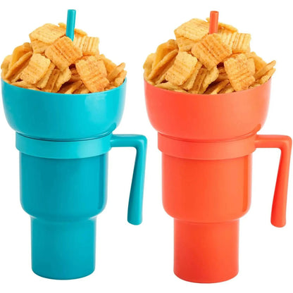 2 In 1 Snackies Cup Portable Splash Snack Bowl Chicken Storage Bowl with Handle Straw Cup