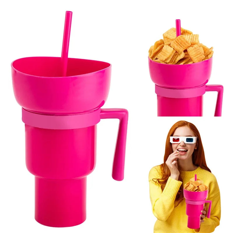 2 In 1 Snackies Cup Portable Splash Snack Bowl Chicken Storage Bowl with Handle Straw Cup