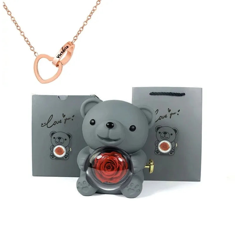 Eternal Rose Teddy Bear Gift with Necklace – Romantic Valentine’s Day Anniversary Gift for Her