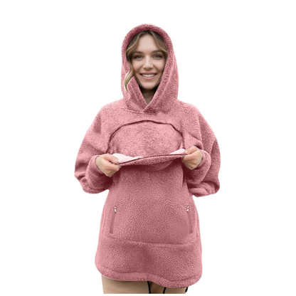 Oversized Fleece Hoodie with Front Pet Pouch for Cats and Small Dogs