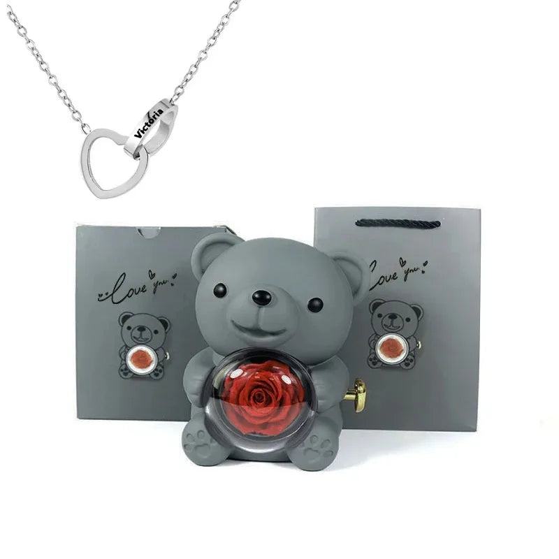 Eternal Rose Teddy Bear Gift with Necklace – Romantic Valentine’s Day Anniversary Gift for Her