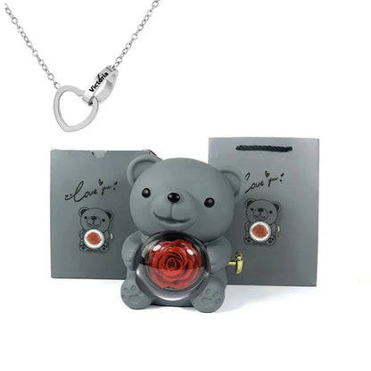 Eternal Rose Teddy Bear Gift with Necklace – Romantic Valentine’s Day Anniversary Gift for Her
