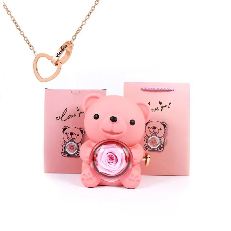 Eternal Rose Teddy Bear Gift with Necklace – Romantic Valentine’s Day Anniversary Gift for Her