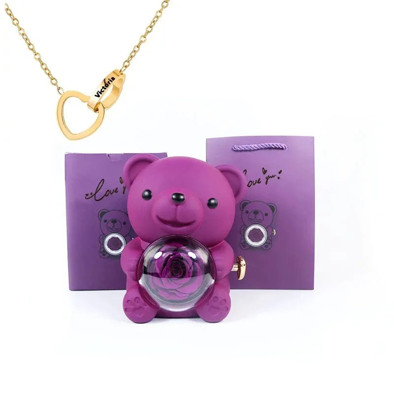 Eternal Rose Teddy Bear Gift with Necklace – Romantic Valentine’s Day Anniversary Gift for Her