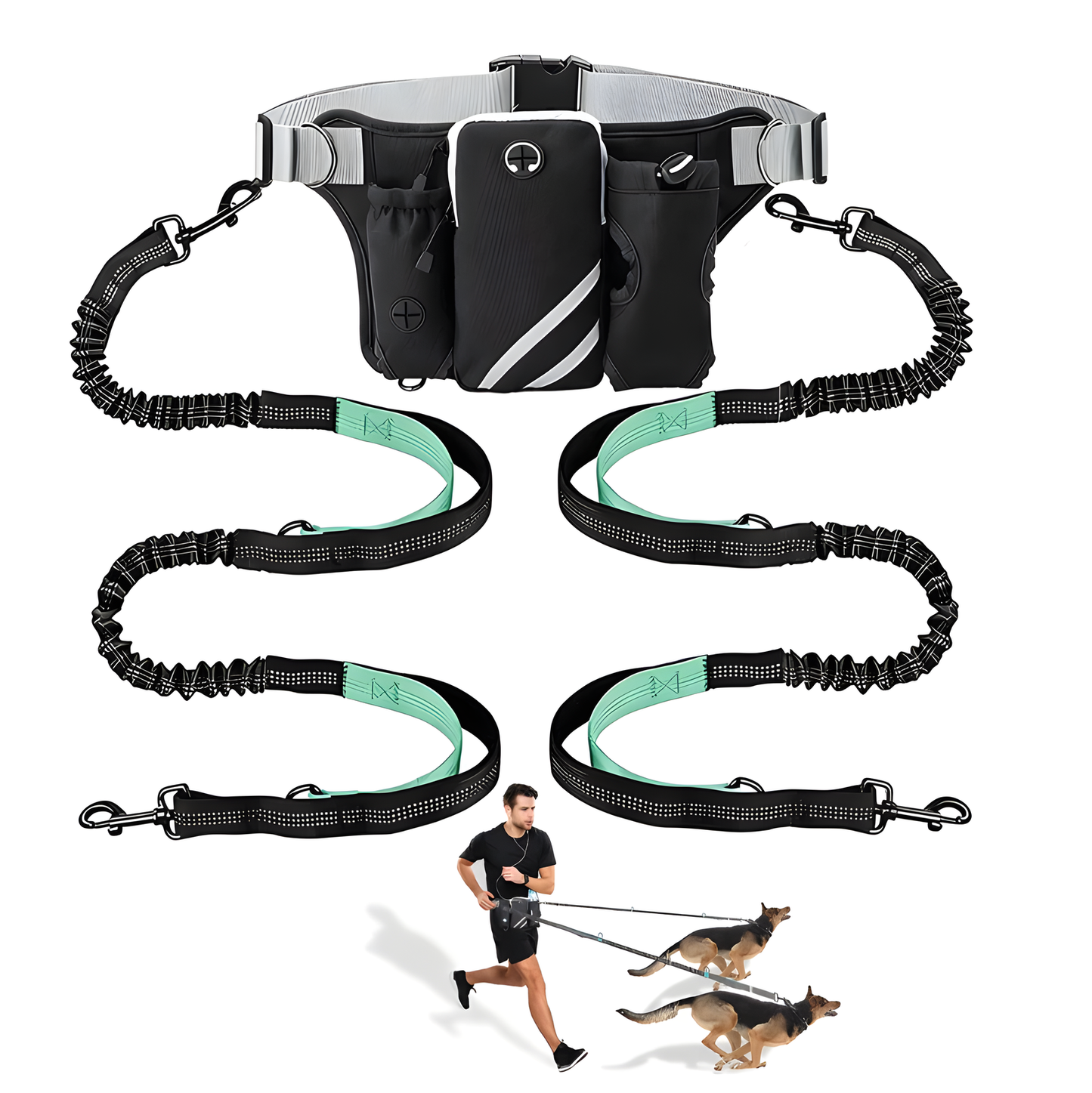 Hands Free Dog Walking Belt with Bungee Lead and Waste Bag Pouch