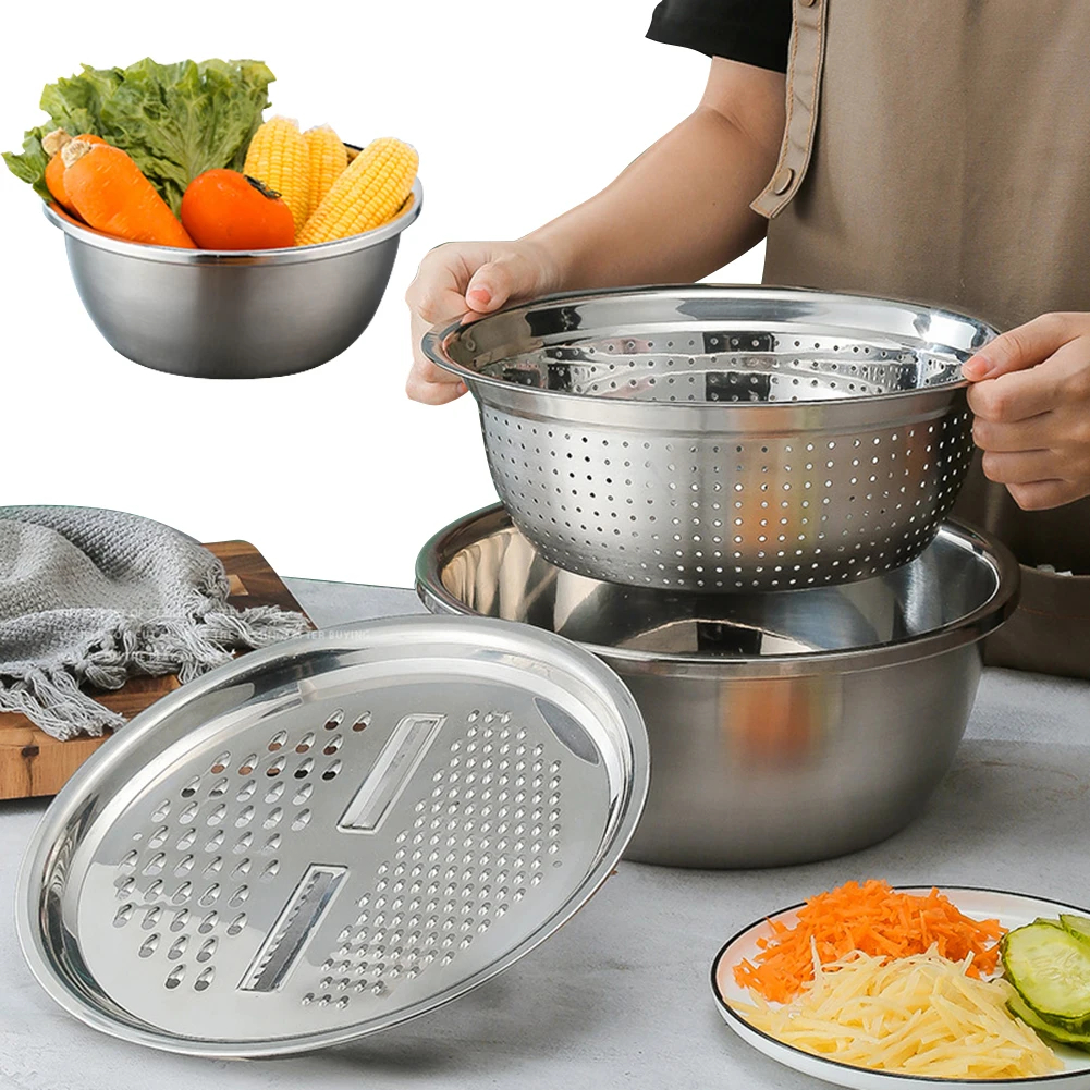 3 Piece Stainless Steel Mixing Bowl Set with Colander and Grater Lid, 26cm