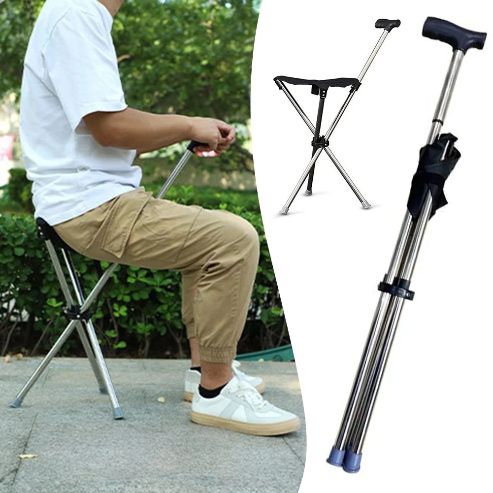 Folding Walking Stick Seat, Lightweight Tripod Cane Stool for Outdoors