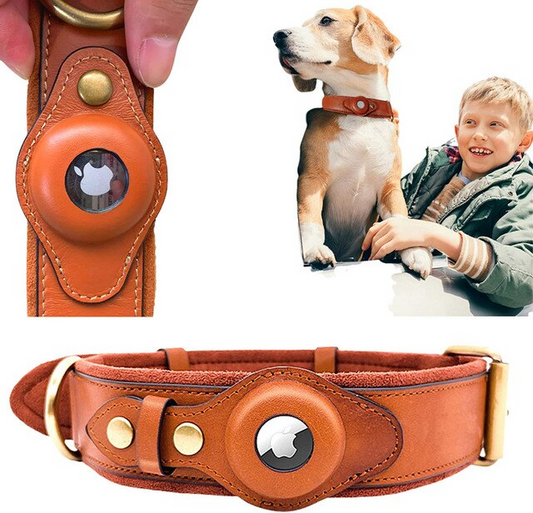 Premium Leather AirTag Dog Collar – Adjustable Pet Tracker Collar with Built-in AirTag Holder for Dogs
